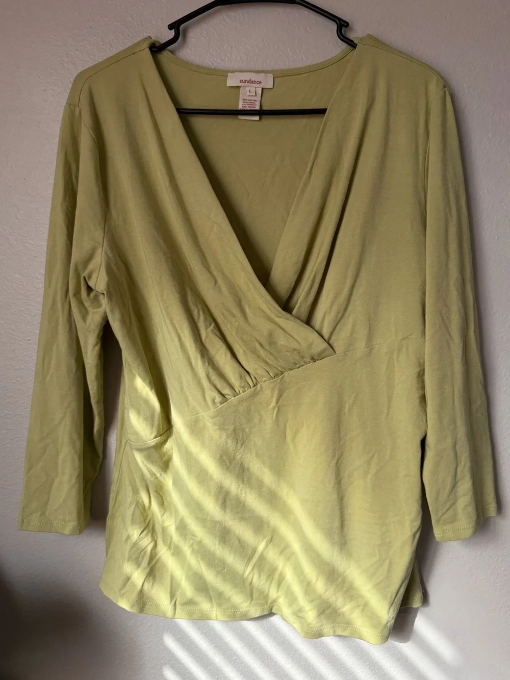 Sundance Cotton Modal Surplice Wrap Top Lime Green Boho 3/4 Sleeve Large Earthy